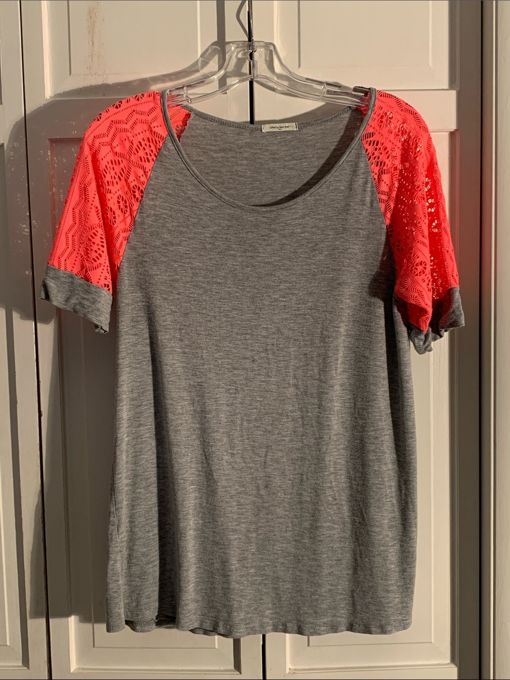 12 Pm By Mon Ami Gray Tee with Coral Lace Raglan Sleeves